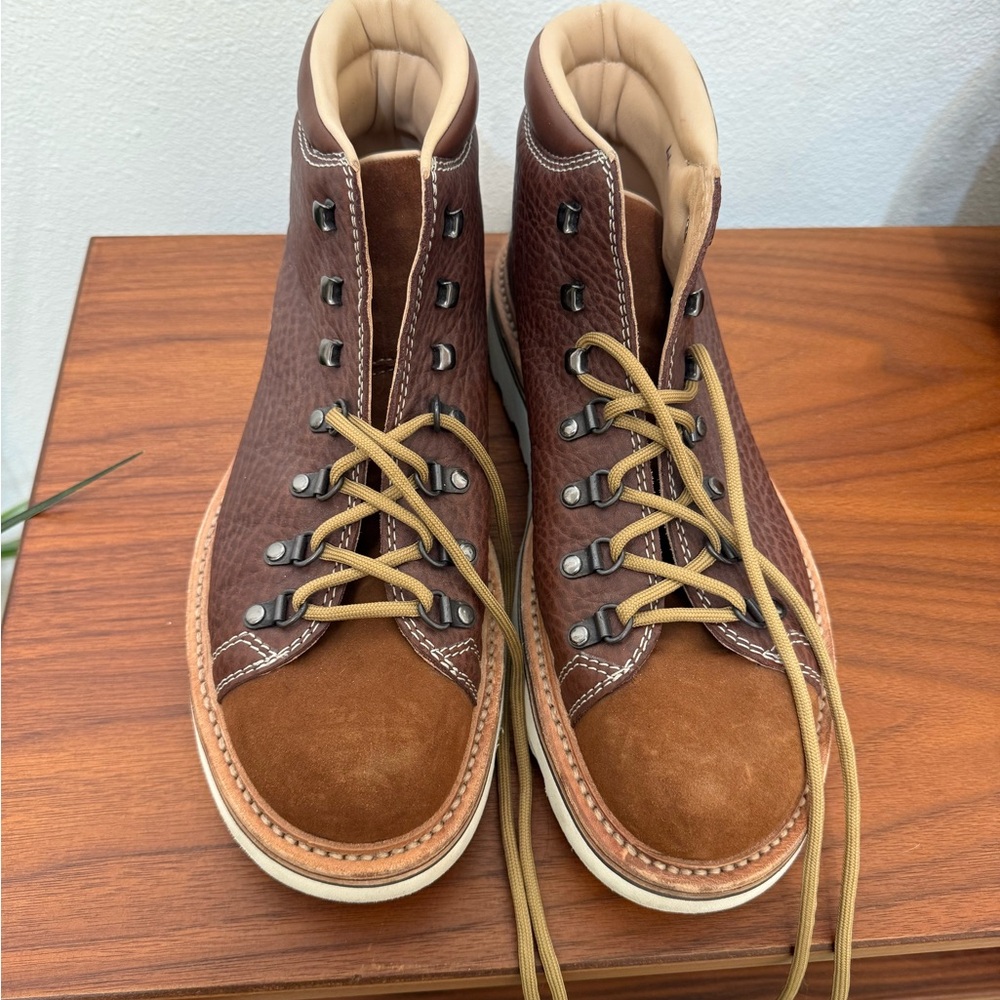 Brown and Tan Suede High-Top Boots with Brass Eyelets